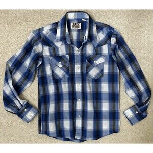 ELY Cattleman Youth M Boys Pearl Snap Blue Plaid Triangle Pocket Western Rodeo
